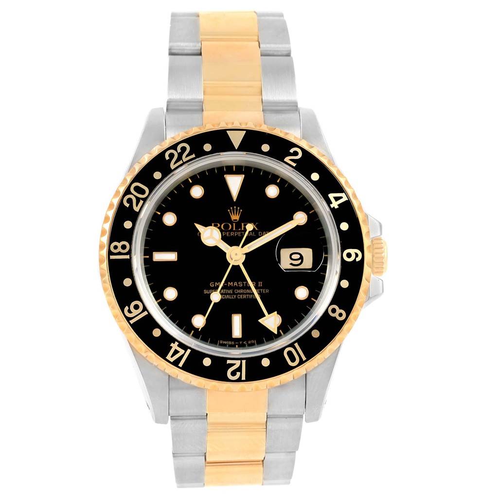 The image shows a front view of the Rolex GMT-Master 16713 Men's Stainless Steel Black Dial 16713 Men's Stainless Steel Black Dial watch, highlighting the face, bezel, and bracelet.