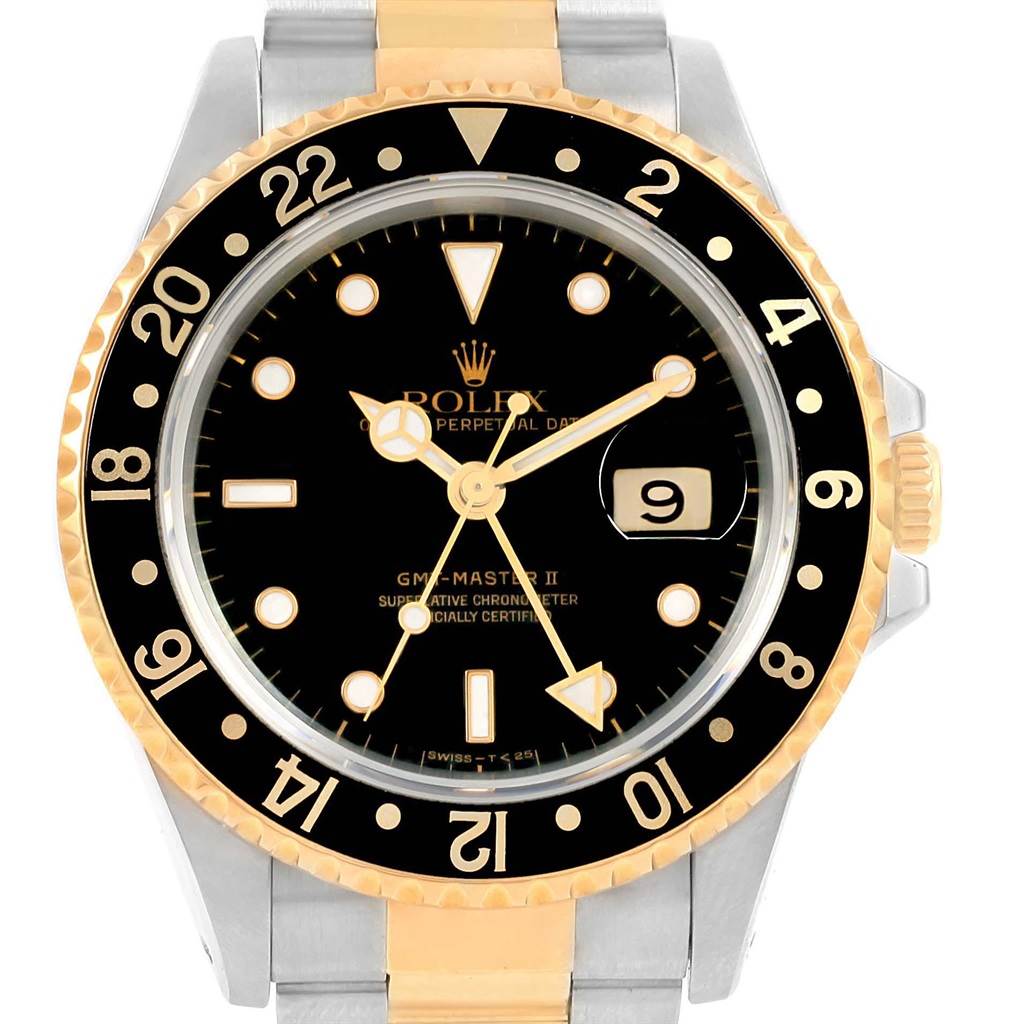 The image shows a front view of a Rolex GMT-Master 16713 Men's Stainless Steel Black Dial 16713 Men's Stainless Steel Black Dial II watch, highlighting the dial, bezel, and bracelet.