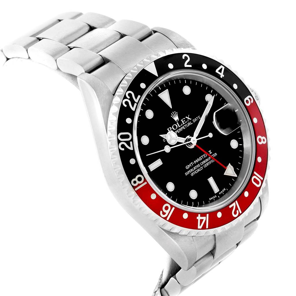 This image shows a Rolex GMT-Master 16710 Men's Stainless Steel Black Dial 16710 Men's Stainless Steel Black Dial II watch at a slight angle, highlighting the dial, bezel, and part of the bracelet.