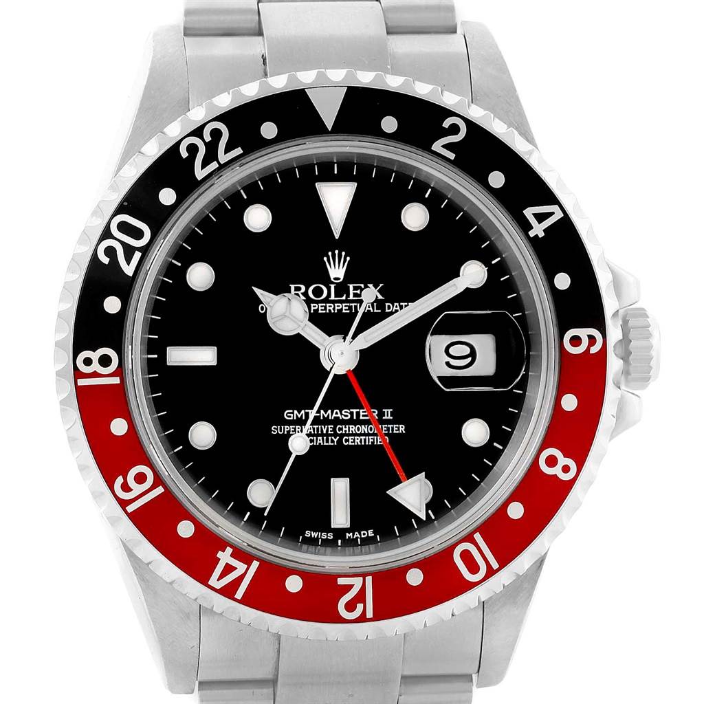 The image shows a frontal view of the Rolex GMT-Master 16710 Men's Stainless Steel Black Dial 16710 Men's Stainless Steel Black Dial II watch featuring its dial and bezel.