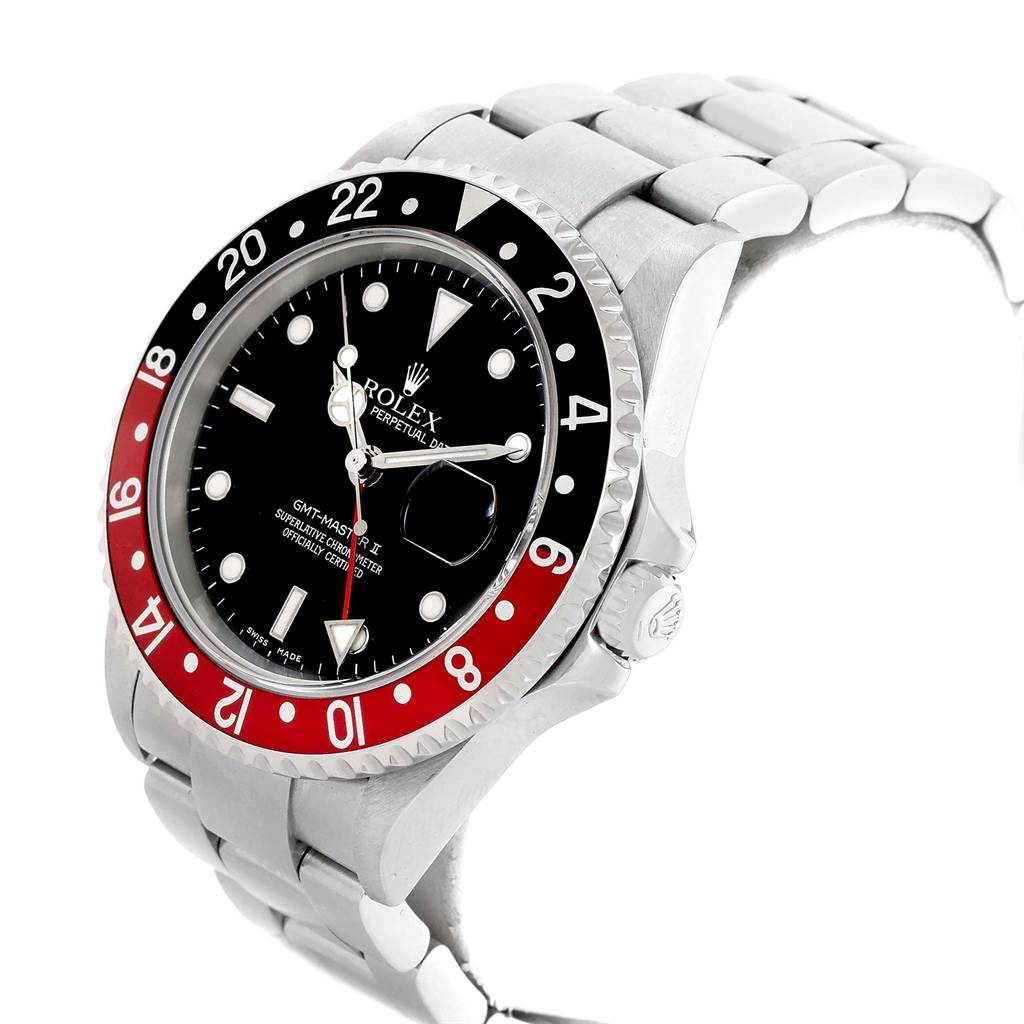 The image shows a Rolex GMT-Master 16710 Men's Stainless Steel Black Dial 16710 Men's Stainless Steel Black Dial watch from an angled side view, highlighting the bezel, dial, and part of the bracelet.