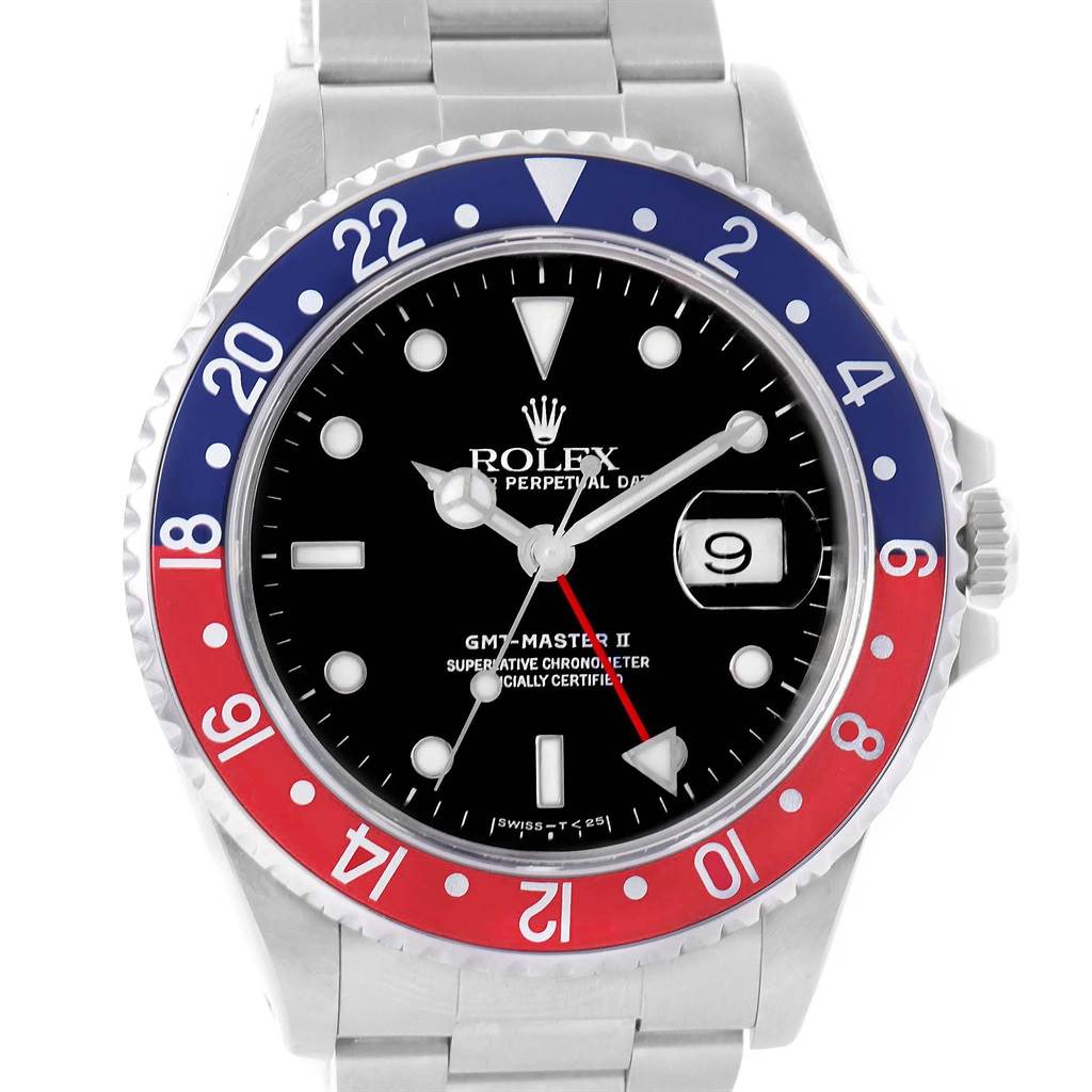The image shows a front view of a Rolex GMT-Master 16710 Men
s Stainless Steel Black Dial 16710 Men
s Stainless Steel Black Dial II watch with a red and blue bezel, black dial, and stainless steel bracelet.