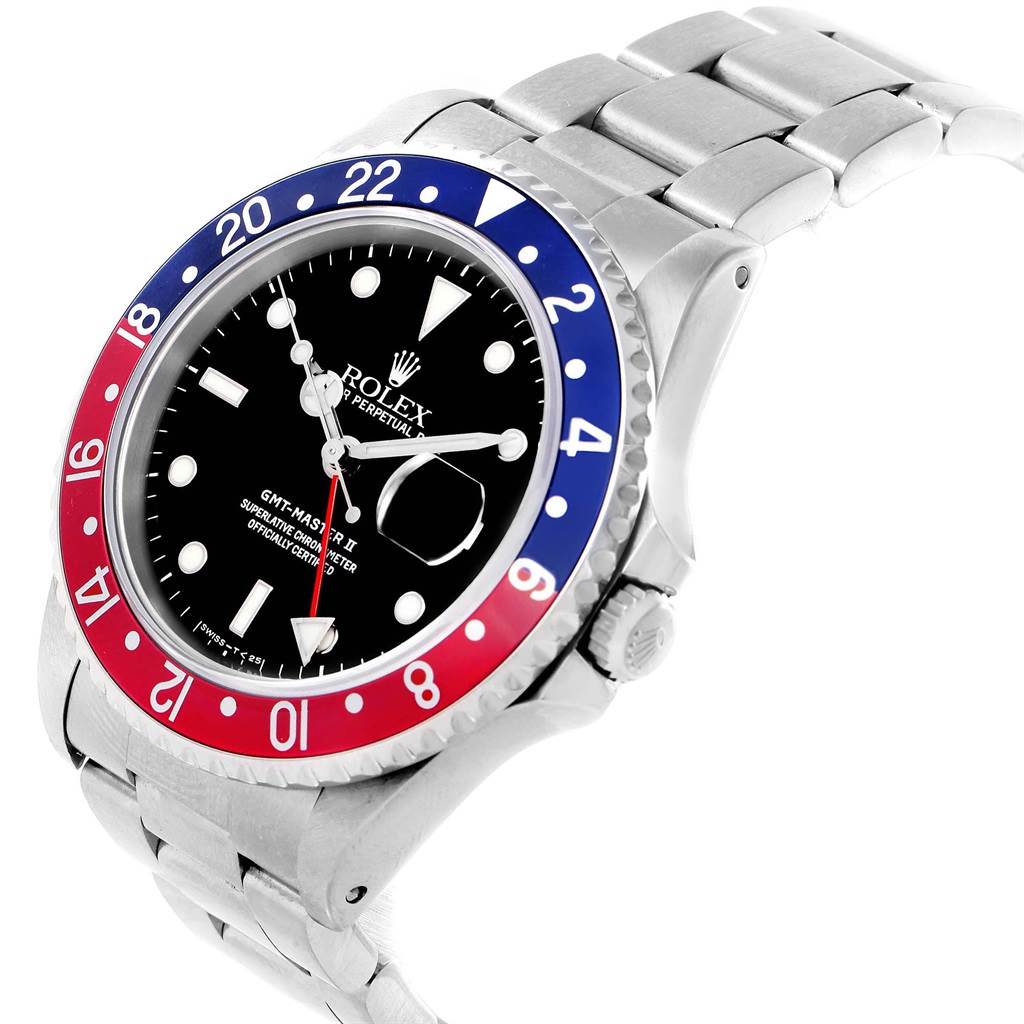 This image shows a Rolex GMT-Master 16710 Men
s Stainless Steel Black Dial 16710 Men
s Stainless Steel Black Dial watch from a three-quarter angle, highlighting the bezel, face, case, and bracelet.