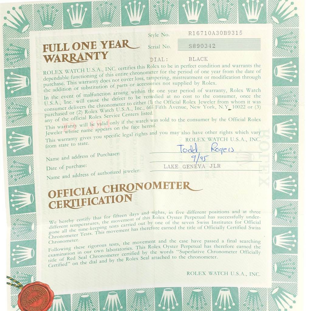 The image shows a warranty and official chronometer certification for a Rolex GMT-Master 16710 Men
s Stainless Steel Black Dial 16710 Men
s Stainless Steel Black Dial watch.