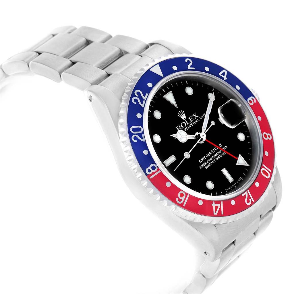 The image shows a Rolex GMT-Master 16710 Men
s Stainless Steel Black Dial 16710 Men
s Stainless Steel Black Dial watch from an angled side view, displaying the bezel, dial, and part of the bracelet.