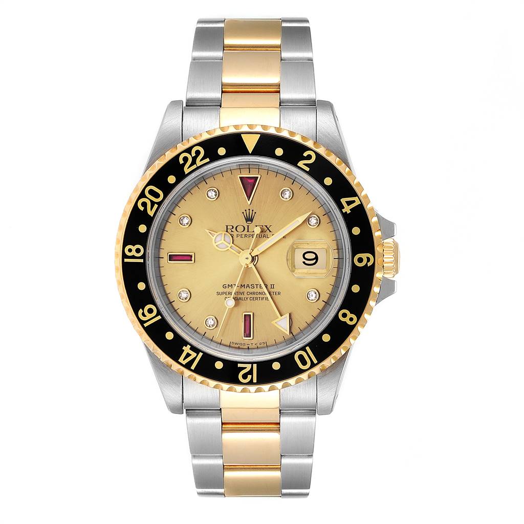 The Rolex GMT-Master 16713 Men's Stainless Steel Champagne Dial 16713 Men's Stainless Steel Champagne Dial watch is shown from a front angle, featuring its dial, bezel, bracelet, and clasp.