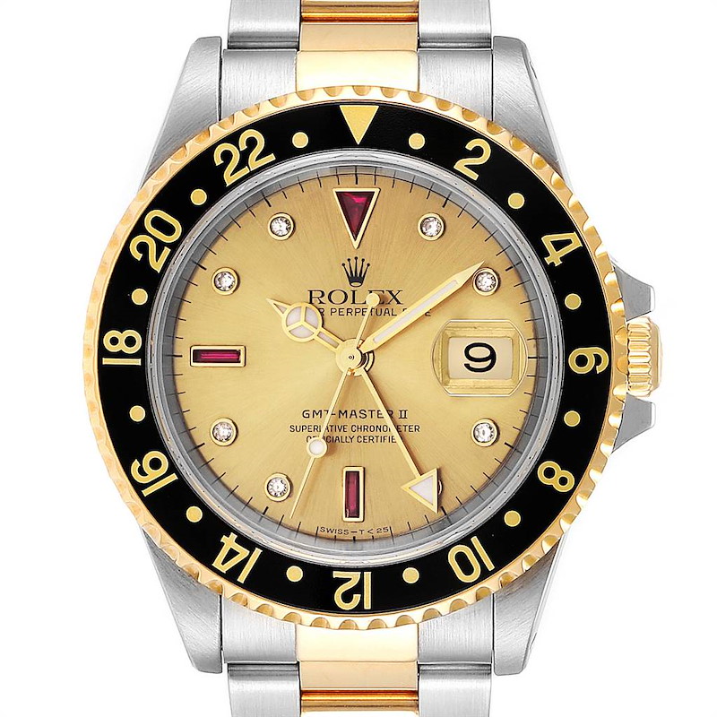 Rolex GMT Master II Mens 18k Yellow Gold Steel Serti Dial Watch 16713 SwissWatchExpo