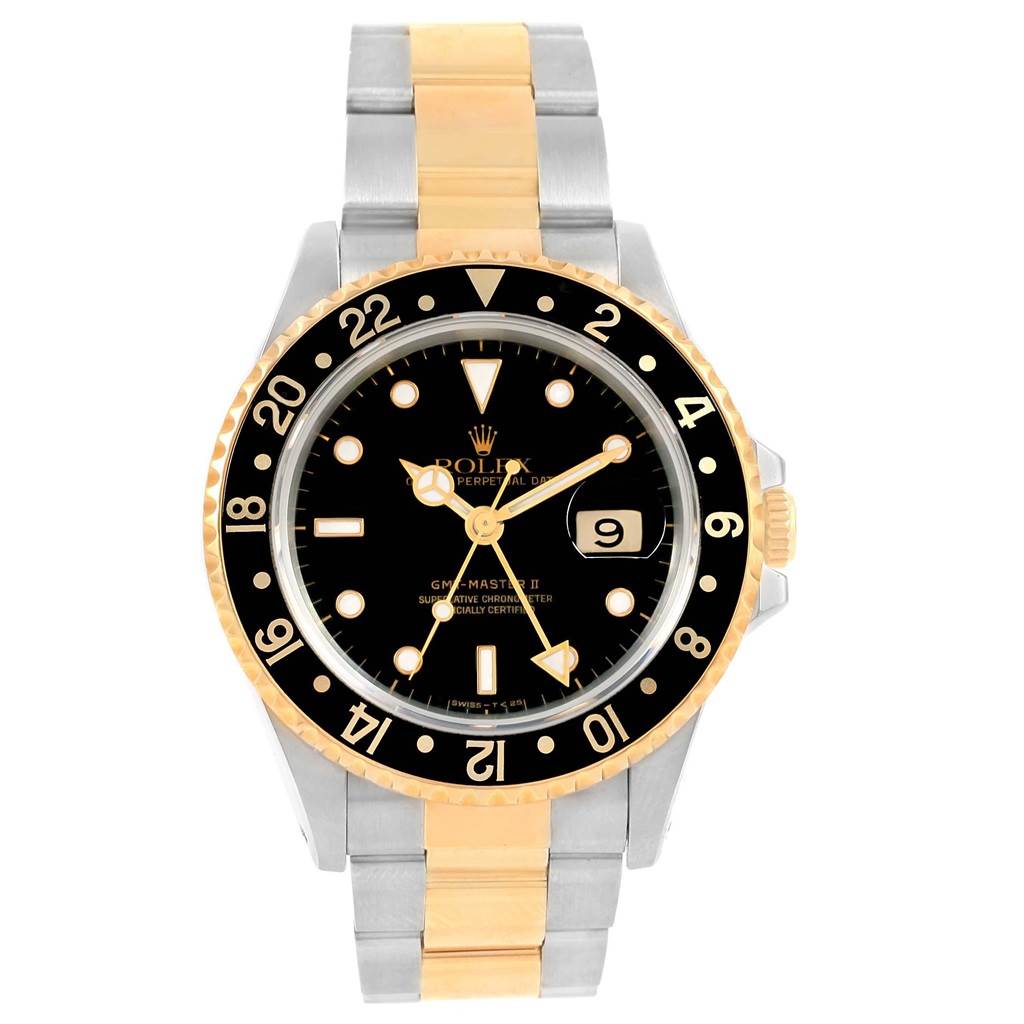 The Rolex GMT-Master 16713 Men's Stainless Steel Black Dial 16713 Men's Stainless Steel Black Dial watch is shown from a front view, highlighting the face, bezel, and bracelet.
