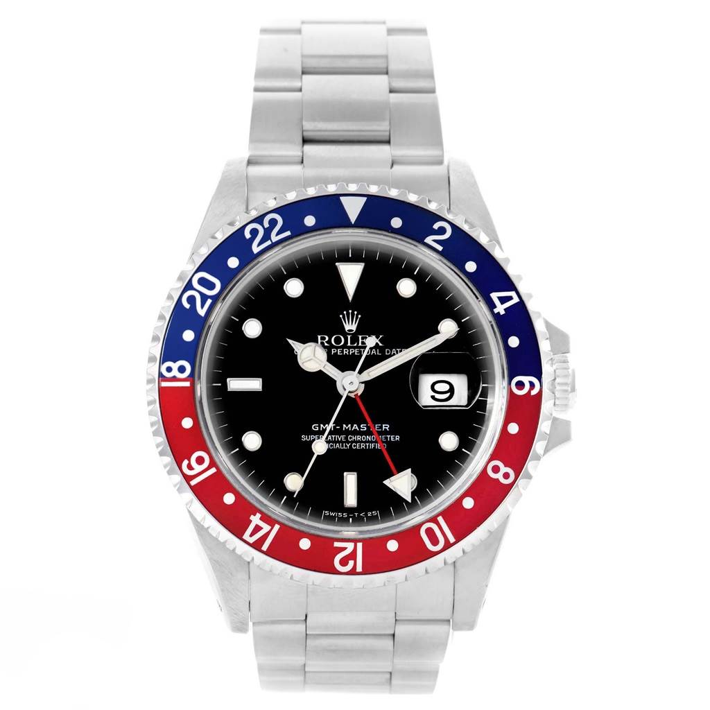 This image shows a front view of the Rolex GMT-Master 16700 Men's Stainless Steel Black Dial 16700 Men's Stainless Steel Black Dial watch, highlighting its dial, bezel, and bracelet.