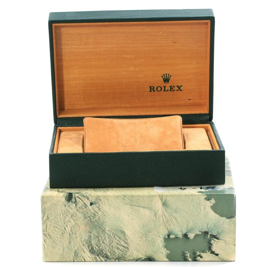 This image shows an open Rolex GMT-Master 16700 Men's Stainless Steel Black Dial 16700 Men's Stainless Steel Black Dial watch box from a front angle, displaying the interior with a pillow and compartments.