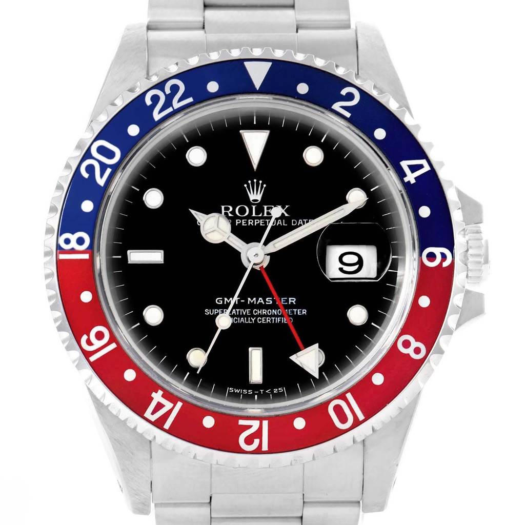 This image shows a front view of a Rolex GMT-Master 16700 Men's Stainless Steel Black Dial 16700 Men's Stainless Steel Black Dial watch, highlighting the dial, hands, and bezel.