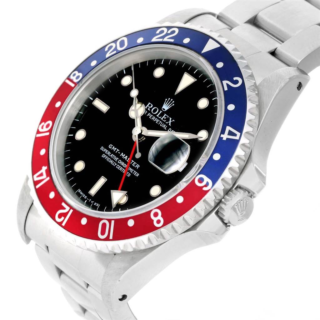 The image shows a Rolex GMT-Master 16700 Men's Stainless Steel Black Dial 16700 Men's Stainless Steel Black Dial watch at an angled view, highlighting its bezel, dial, crown, and bracelet.