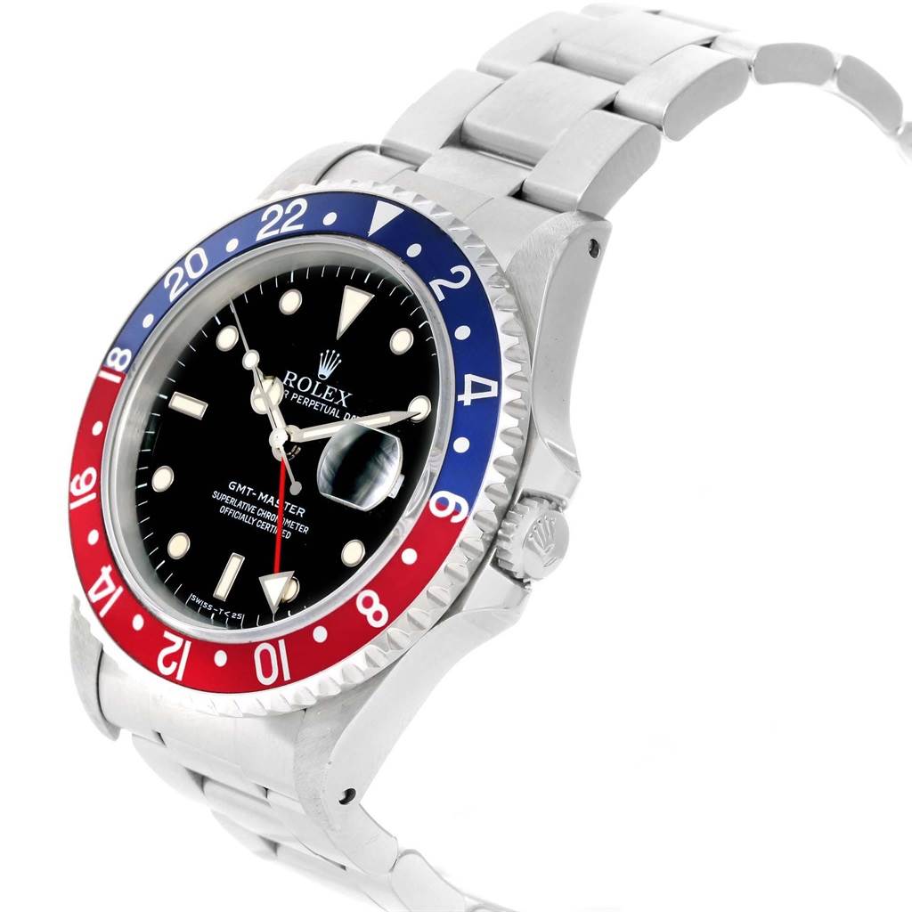 This image shows a side angle of a Rolex GMT-Master 16700 Men's Stainless Steel Black Dial 16700 Men's Stainless Steel Black Dial watch, highlighting its bezel, dial, crown, and bracelet.