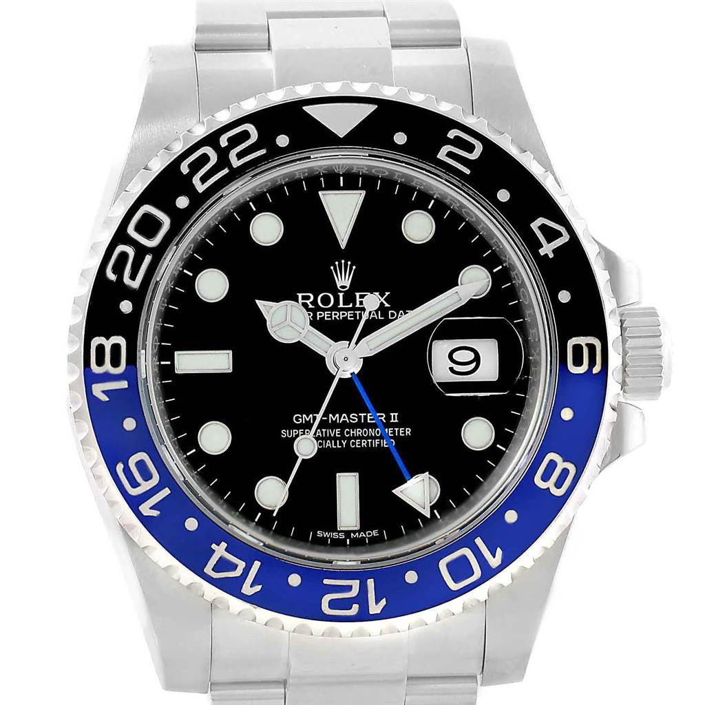 The image shows a Rolex GMT-Master 116710 Men's Stainless Steel Black Dial 116710 Men's Stainless Steel Black Dial II watch face directly from the front, highlighting the bezel, dial, and part of the bracelet.