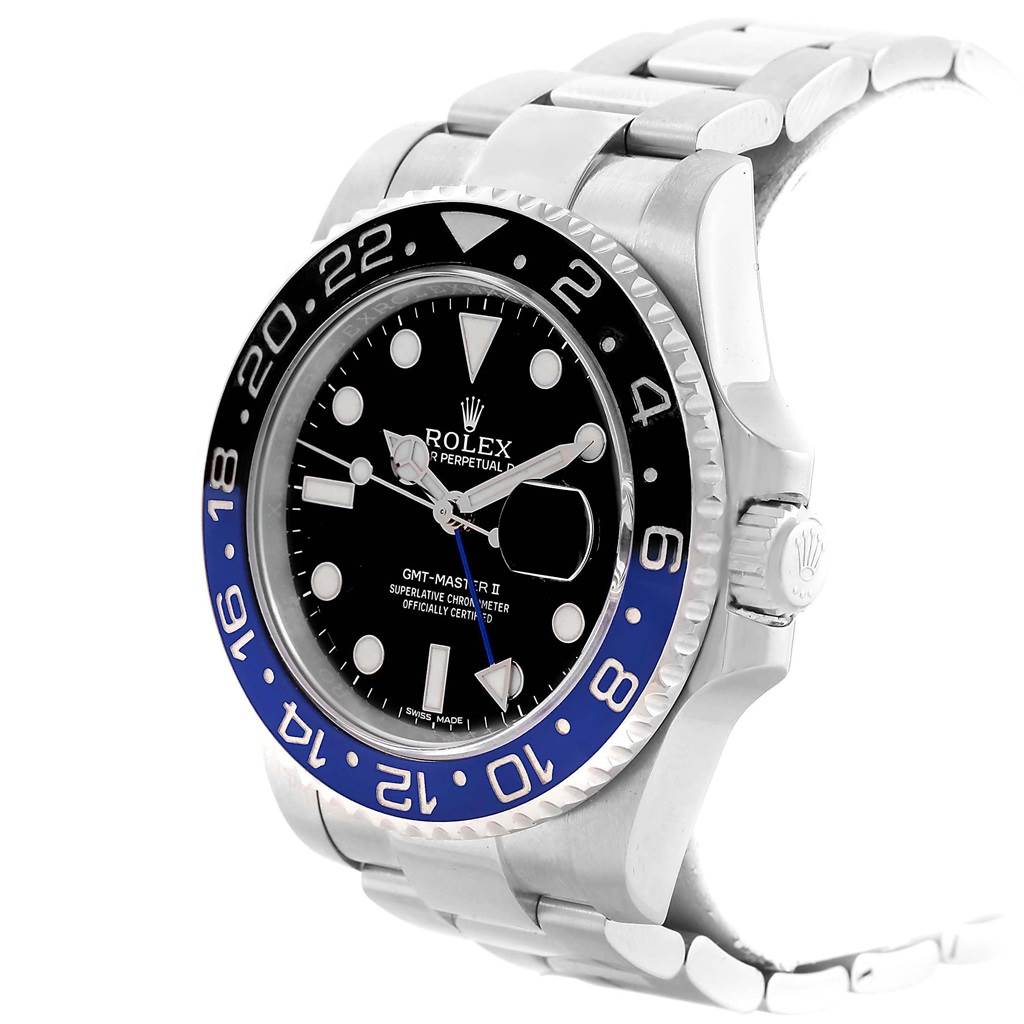The image shows a Rolex GMT-Master 116710 Men's Stainless Steel Black Dial 116710 Men's Stainless Steel Black Dial II watch angled to display the face, bezel, and partly the bracelet.