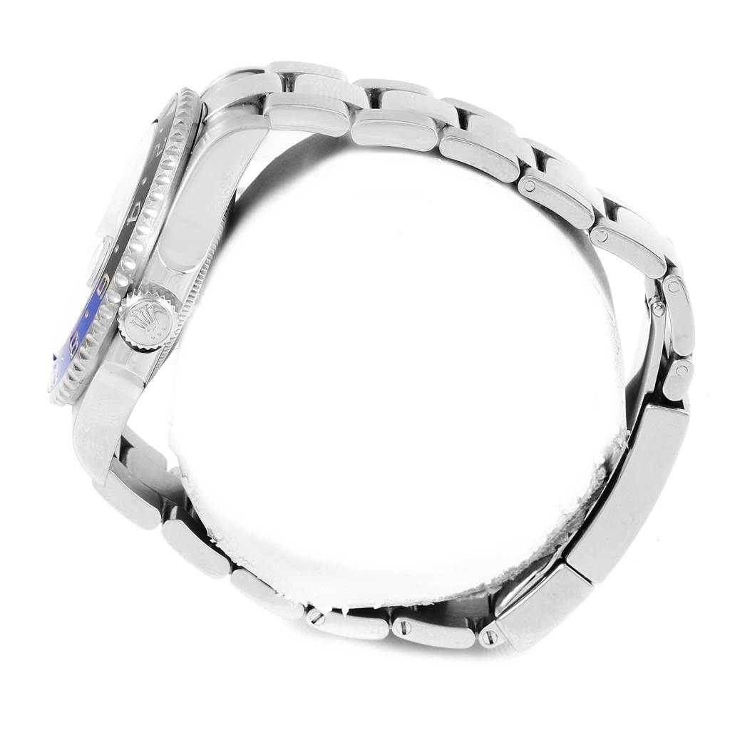 The image shows a side angle of the Rolex GMT-Master 116710 Men's Stainless Steel Black Dial 116710 Men's Stainless Steel Black Dial watch, highlighting its crown, bezel, and bracelet links.