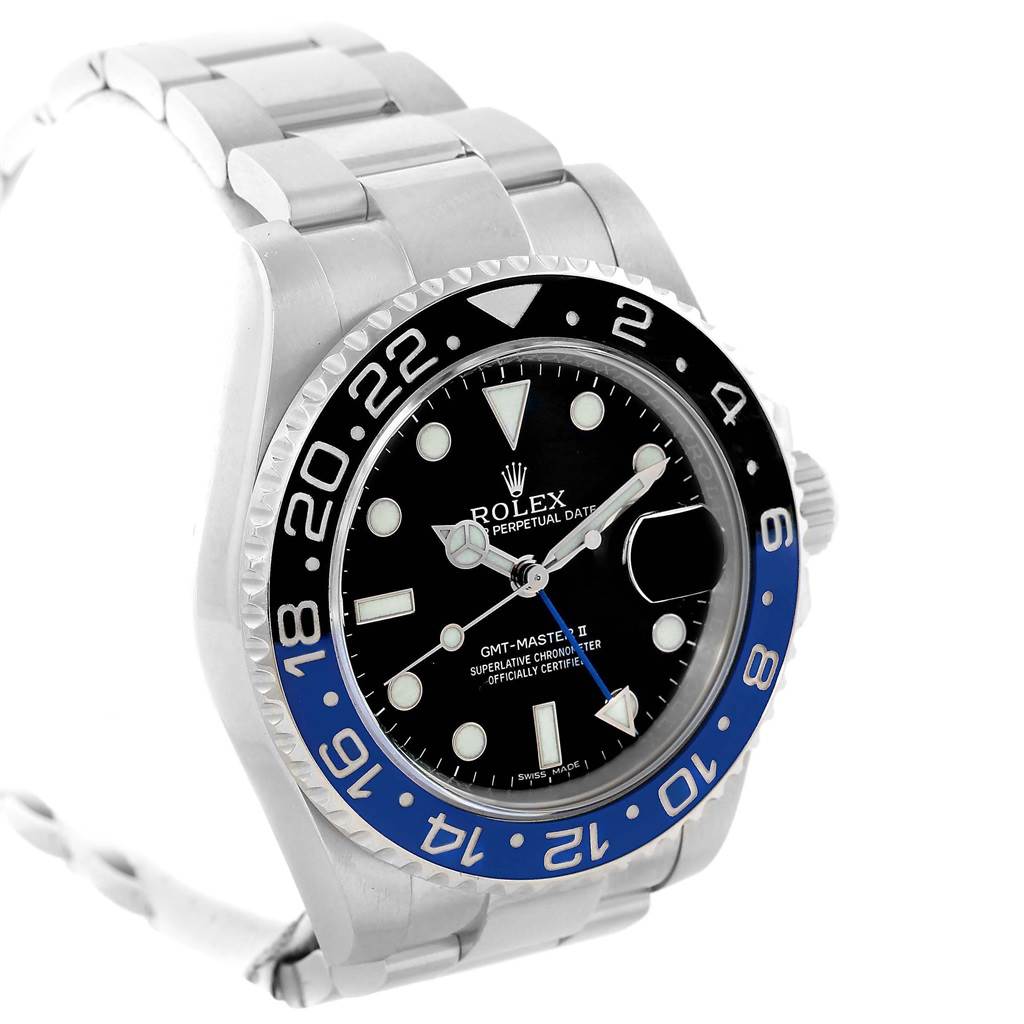 This image shows a front-angle view of the Rolex GMT-Master 116710 Men's Stainless Steel Black Dial 116710 Men's Stainless Steel Black Dial II, displaying the dial, bezel, and part of the bracelet.