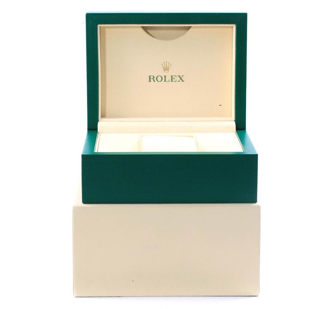 This is a front view of an open Rolex GMT-Master 116710 Men's Stainless Steel Black Dial 116710 Men's Stainless Steel Black Dial watch box, showing the interior compartments and lid with the logo.