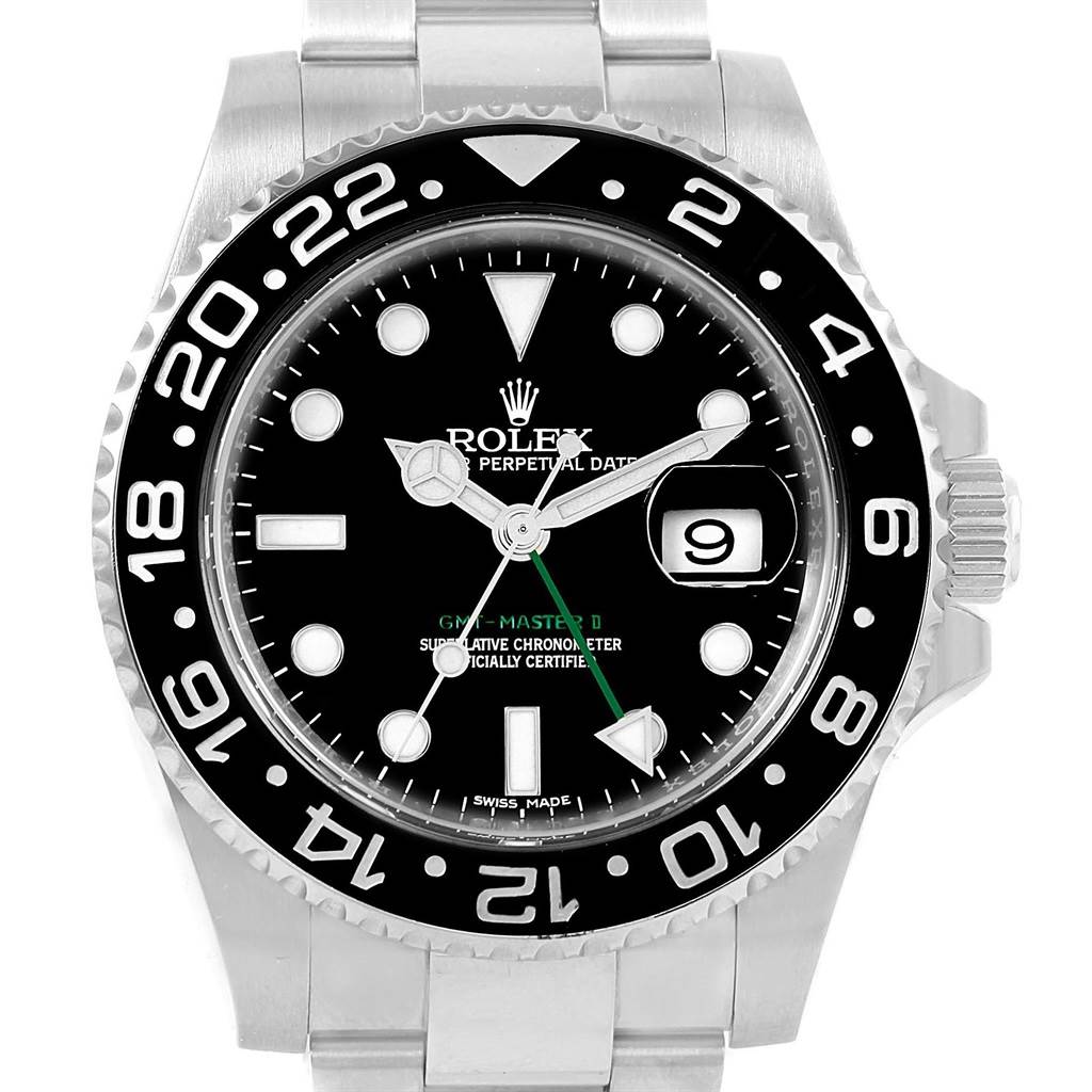 The image shows the front view of a Rolex GMT-Master 116710 Men's Stainless Steel Black Dial 116710 Men's Stainless Steel Black Dial watch displaying the dial, bezel, case, and bracelet.