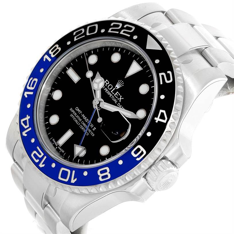 The image shows a Rolex GMT-Master 116710 Men's Stainless Steel Black Dial 116710 Men's Stainless Steel Black Dial watch at an angle, highlighting the face, bezel, and part of the bracelet.