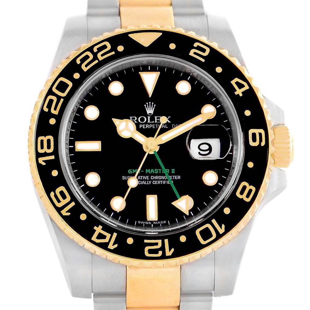 The image shows a front view of the Rolex GMT-Master 116713 Men's Stainless Steel Black Dial 116713 Men's Stainless Steel Black Dial II watch, highlighting the bezel, dial, hands, and bracelet.