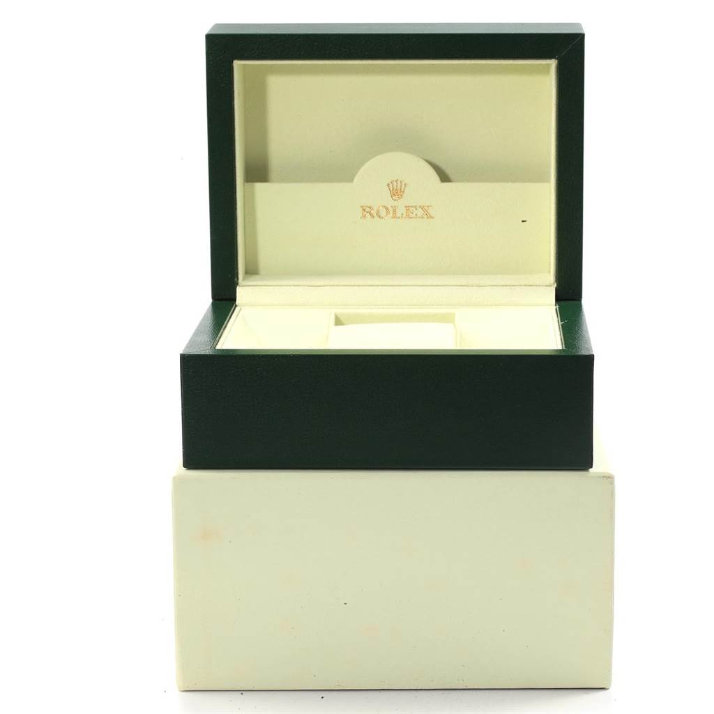 The image shows an open Rolex GMT-Master 116713 Men's Stainless Steel Black Dial 116713 Men's Stainless Steel Black Dial watch box, highlighting the interior compartments and the Rolex logo.