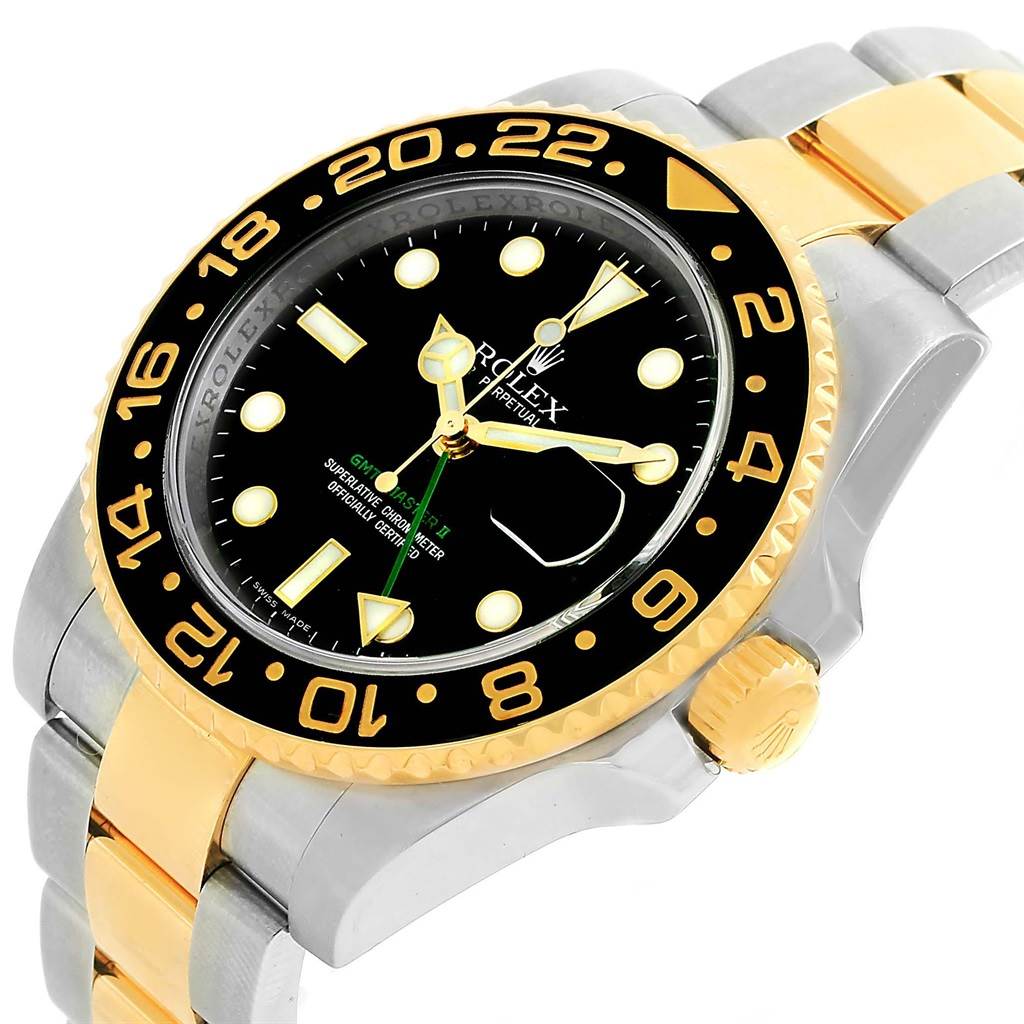 The image shows a close-up, angled view of a Rolex GMT-Master 116713 Men's Stainless Steel Black Dial 116713 Men's Stainless Steel Black Dial watch, focusing on its bezel, dial, and bracelet.