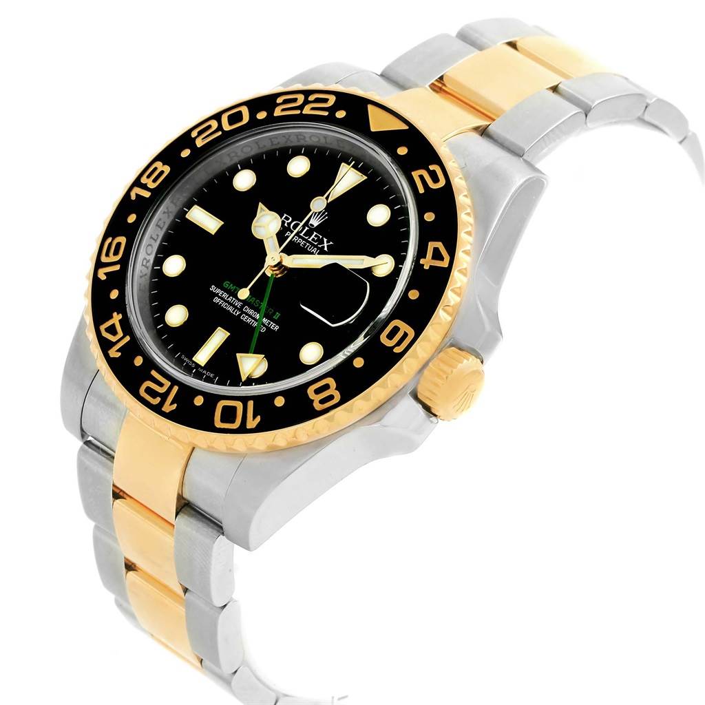 This Rolex GMT-Master 116713 Men's Stainless Steel Black Dial 116713 Men's Stainless Steel Black Dial watch is shown at an angled view highlighting the bezel, dial, crown, and bracelet.