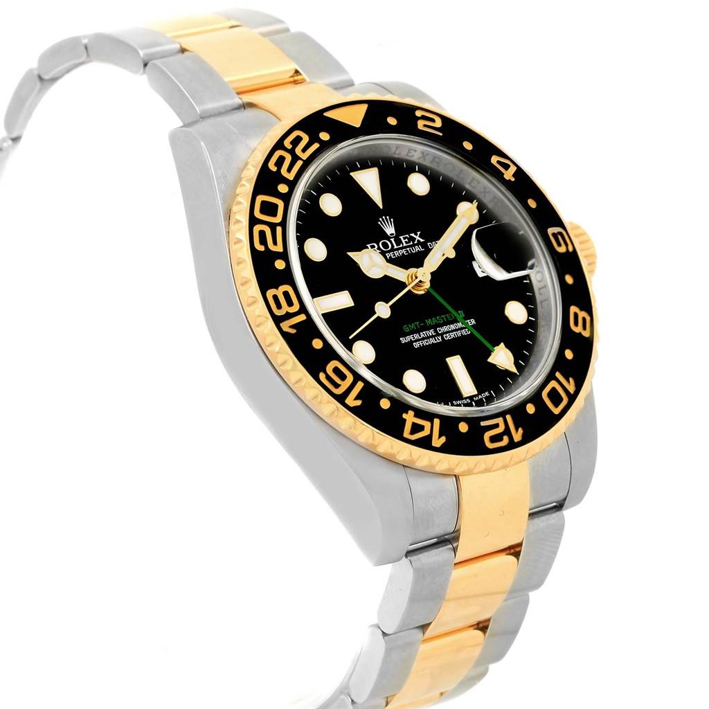 The image shows a side view angle of the Rolex GMT-Master 116713 Men's Stainless Steel Black Dial 116713 Men's Stainless Steel Black Dial watch, highlighting its face, bezel, and two-tone bracelet.