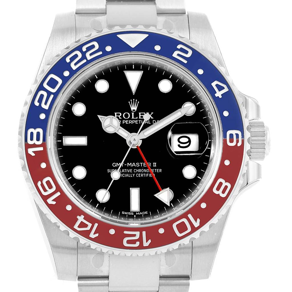 The image shows a Rolex GMT-Master 116719 Men's White Gold Black Dial 116719 Men's White Gold Black Dial II watch from a front angle, highlighting the dial, bezel, and part of the bracelet.