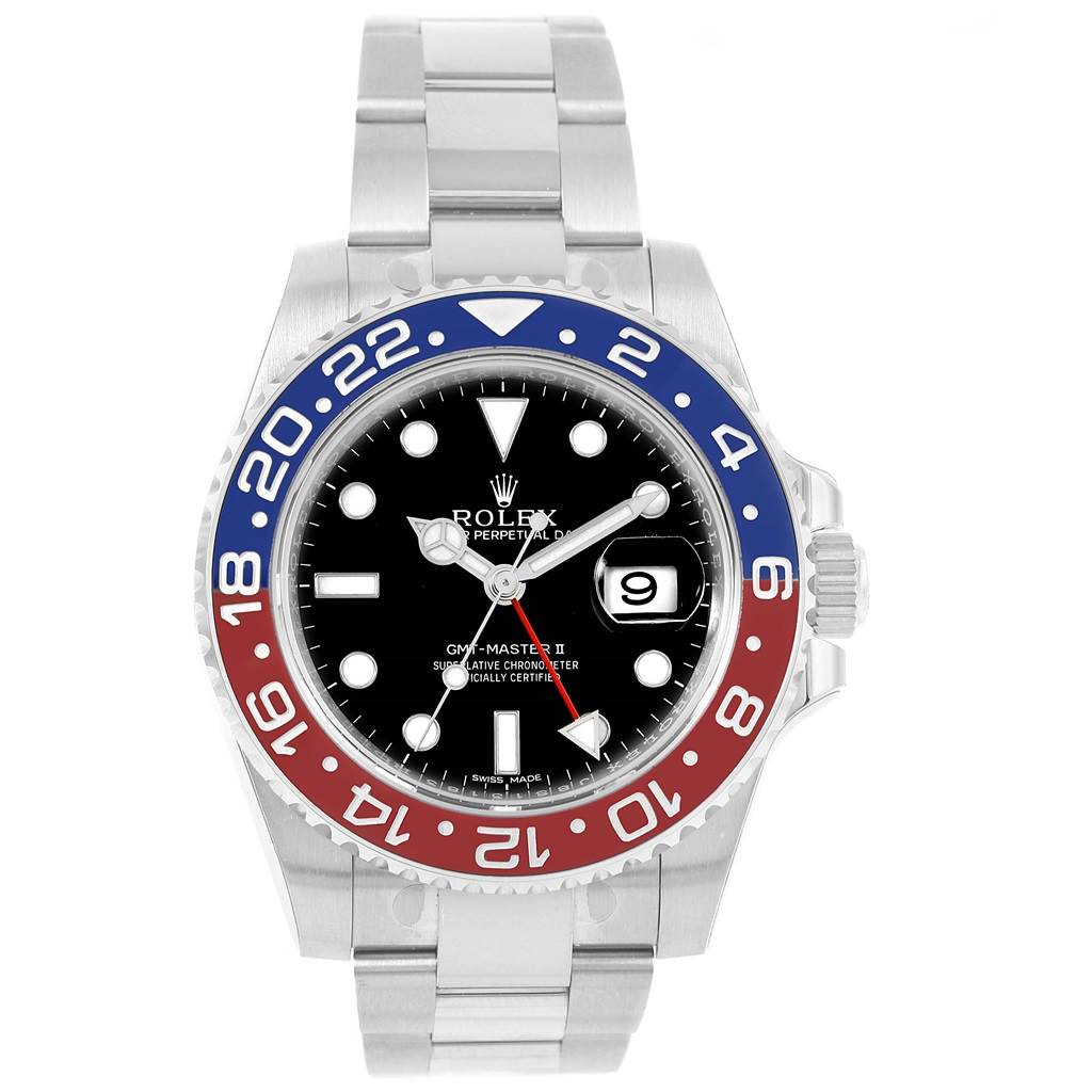 The Rolex GMT-Master 116719 Men's White Gold Black Dial 116719 Men's White Gold Black Dial model watch is shown from the front, displaying its face, bezel, and portion of the bracelet.