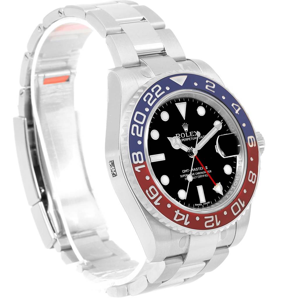 The Rolex GMT-Master 116719 Men's White Gold Black Dial 116719 Men's White Gold Black Dial watch is shown at a three-quarter angle, revealing parts of its dial, bezel, case, and bracelet.
