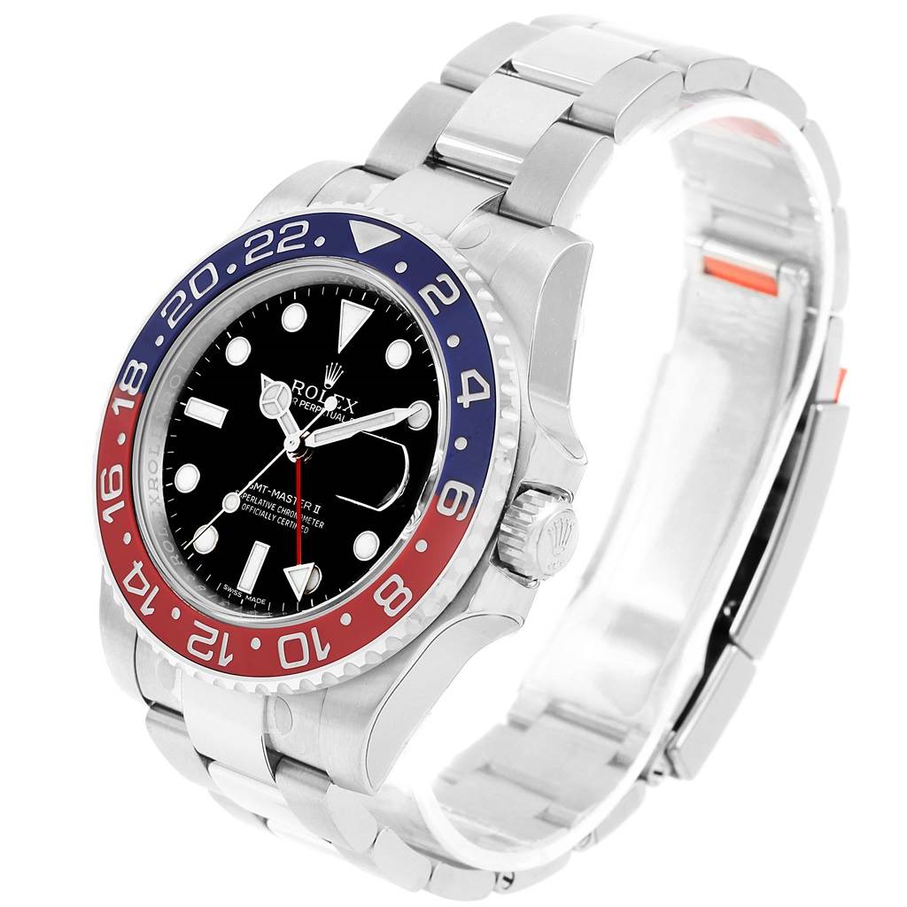 The image shows a Rolex GMT-Master 116719 Men's White Gold Black Dial 116719 Men's White Gold Black Dial II watch from an angled top view, displaying the face, bezel, and bracelet.