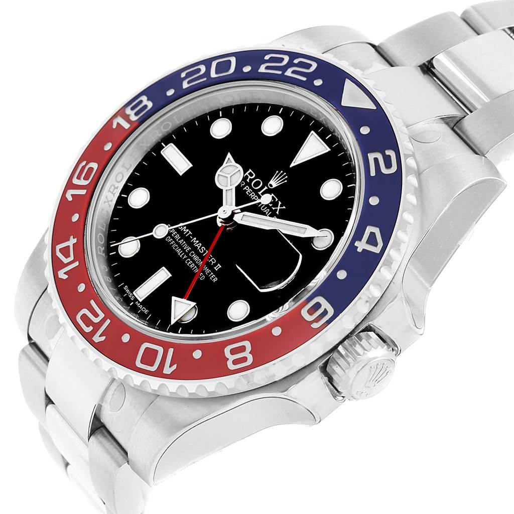 This image shows a Rolex GMT-Master 116719 Men's White Gold Black Dial 116719 Men's White Gold Black Dial watch at a three-quarter angle, highlighting the bezel, dial, and bracelet.