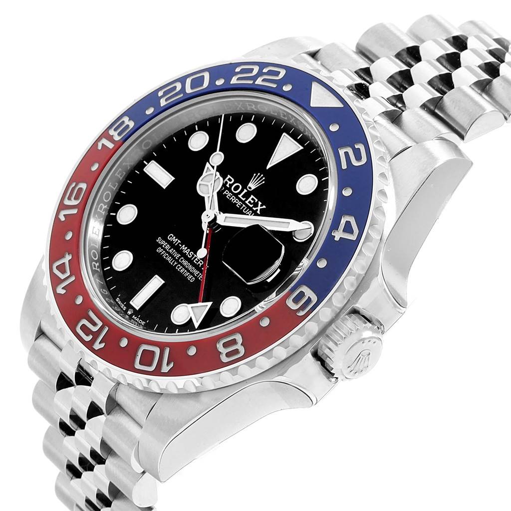 This image shows a side and front view of the Rolex GMT-Master 126710 Men's Stainless Steel Black Dial 126710 Men's Stainless Steel Black Dial watch, highlighting its bezel, dial, and bracelet.