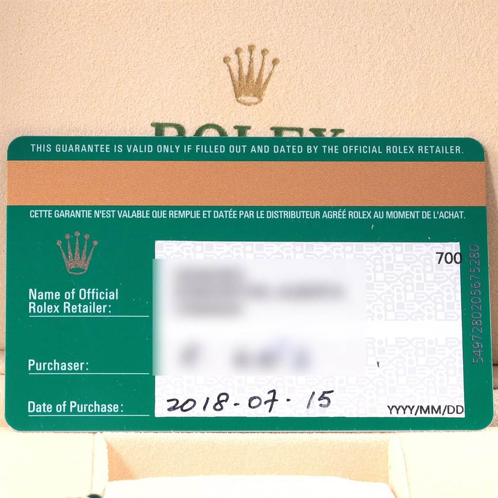 The image shows an official guarantee card for a Rolex GMT-Master 126710 Men's Stainless Steel Black Dial 126710 Men's Stainless Steel Black Dial watch, with branding and date of purchase visible.