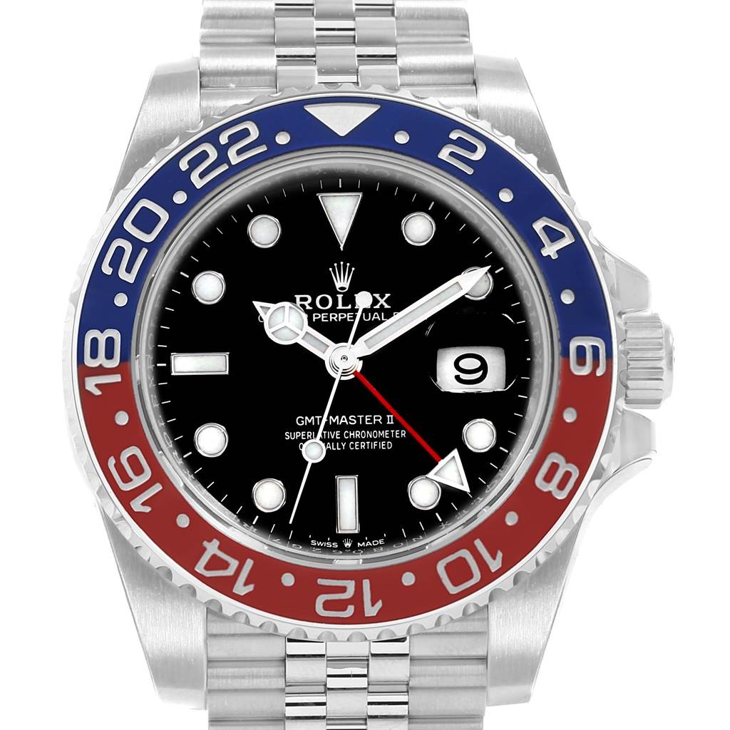 The image shows the dial, bezel, and bracelet of the Rolex GMT-Master 126710 Men's Stainless Steel Black Dial 126710 Men's Stainless Steel Black Dial II watch from a straight-on angle.