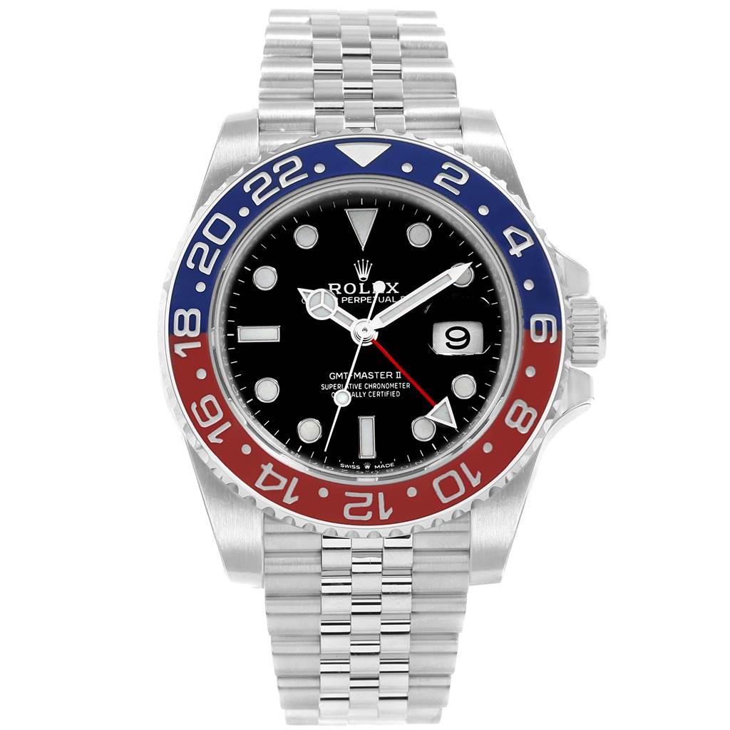 This Rolex GMT-Master 126710 Men's Stainless Steel Black Dial 126710 Men's Stainless Steel Black Dial watch is shown from the front, highlighting its bezel, dial, and Jubilee bracelet.