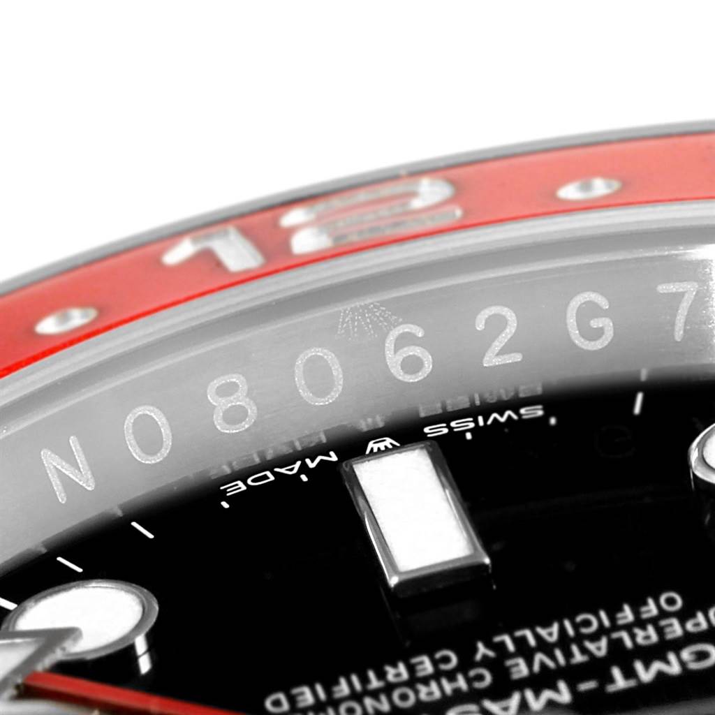 The close-up angle shows the serial number, bezel, and part of the dial with the branding of the Rolex GMT-Master 126710 Men's Stainless Steel Black Dial 126710 Men's Stainless Steel Black Dial watch.