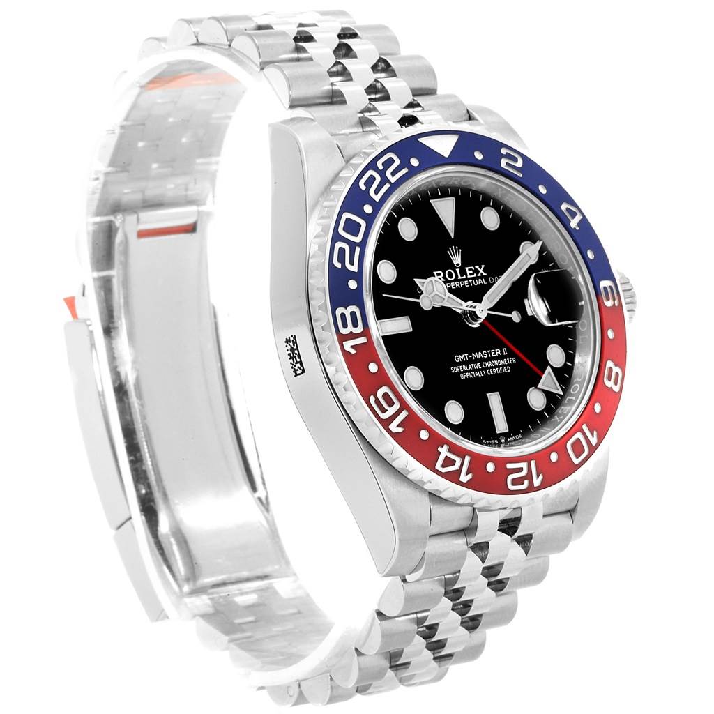 This is an angled view of a Rolex GMT-Master 126710 Men's Stainless Steel Black Dial 126710 Men's Stainless Steel Black Dial II showing the bezel, dial, case, and part of the bracelet.