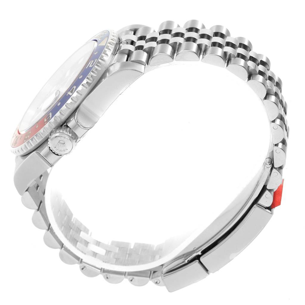 This image shows the side view of the Rolex GMT-Master 126710 Men's Stainless Steel Black Dial 126710 Men's Stainless Steel Black Dial watch, highlighting the case, bezel, crown, and bracelet.