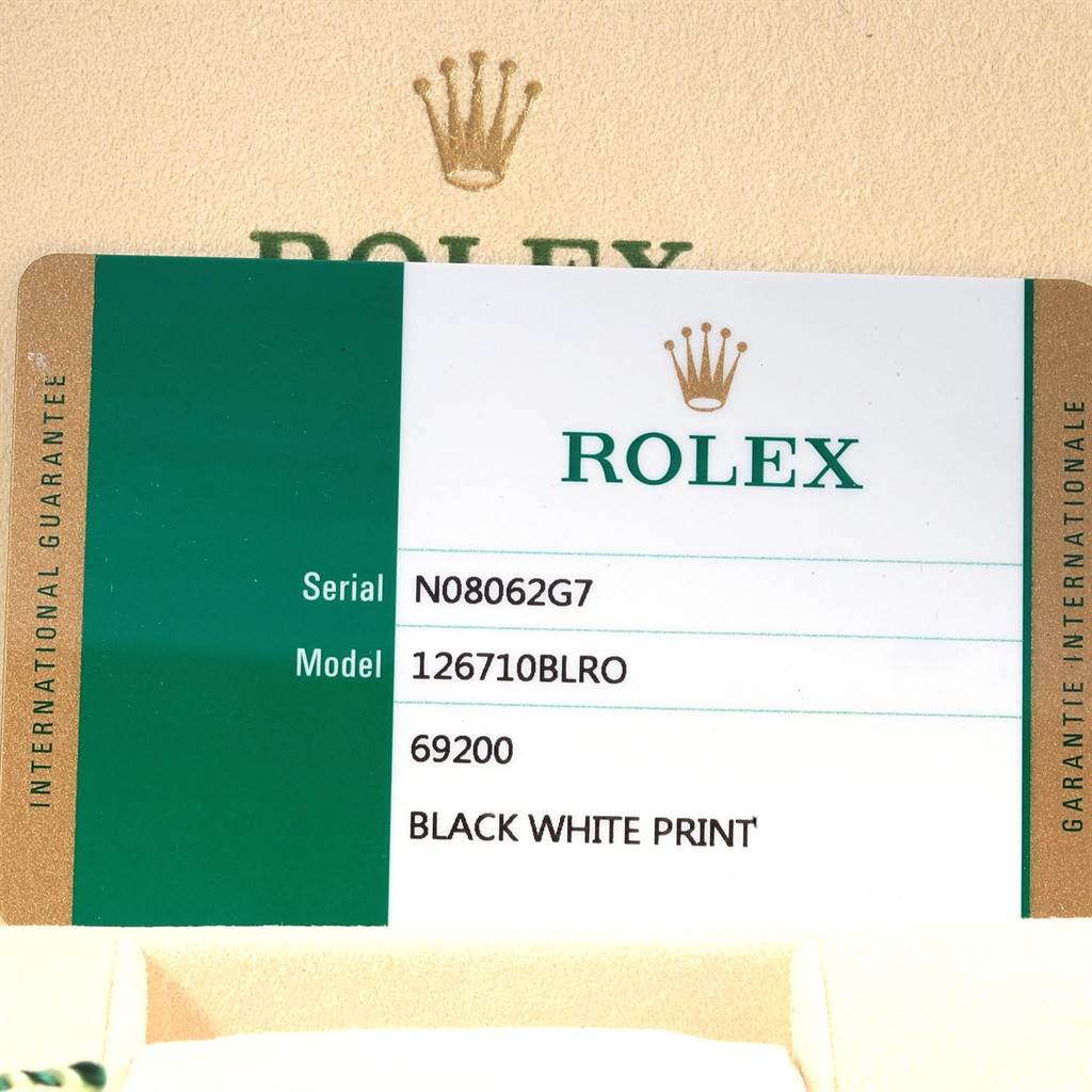 This image shows the guarantee card for a Rolex GMT-Master 126710 Men's Stainless Steel Black Dial 126710 Men's Stainless Steel Black Dial, model number 126710BLRO.