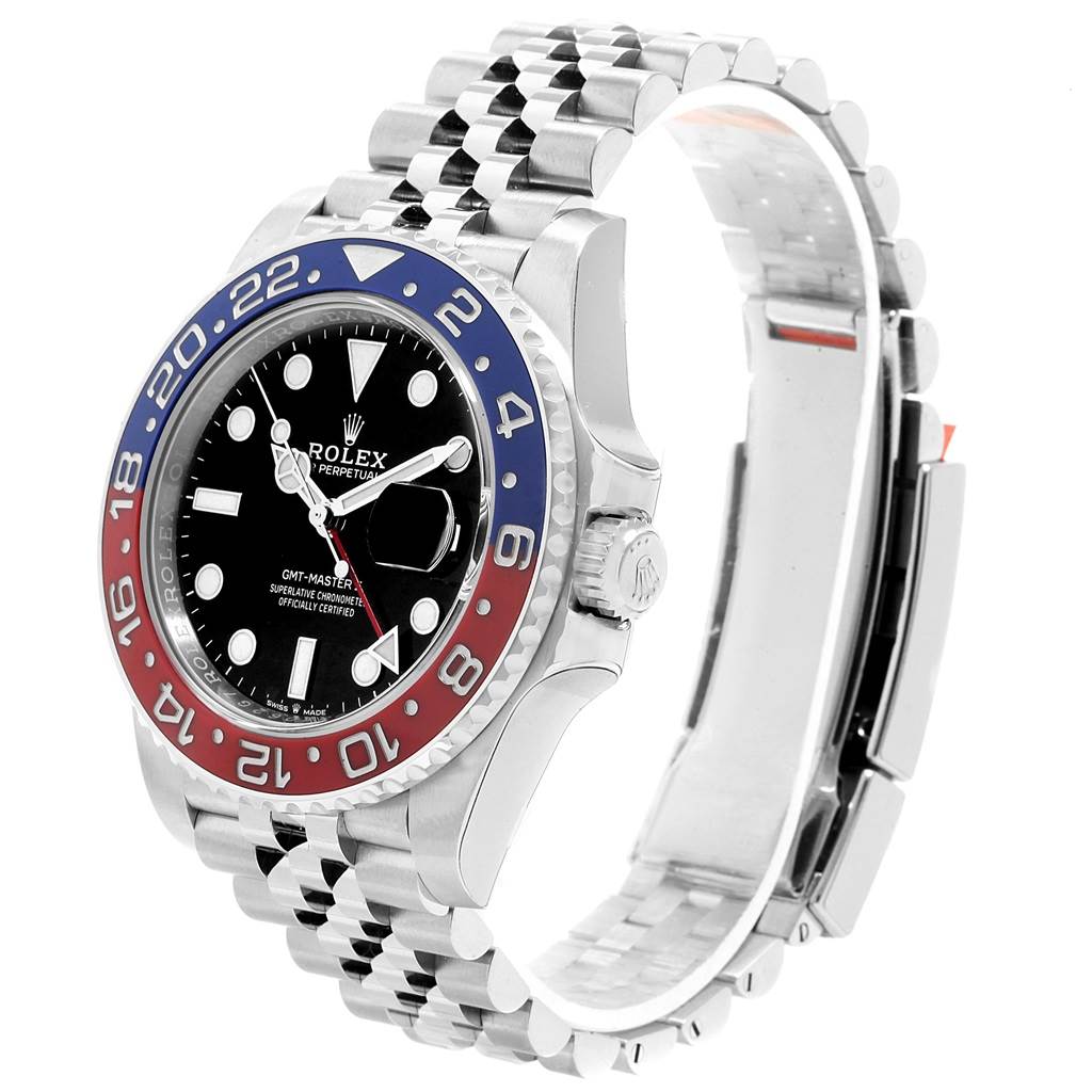 The image shows a Rolex GMT-Master 126710 Men's Stainless Steel Black Dial 126710 Men's Stainless Steel Black Dial watch from a side angle, highlighting the bezel, dial, and jubilee bracelet.