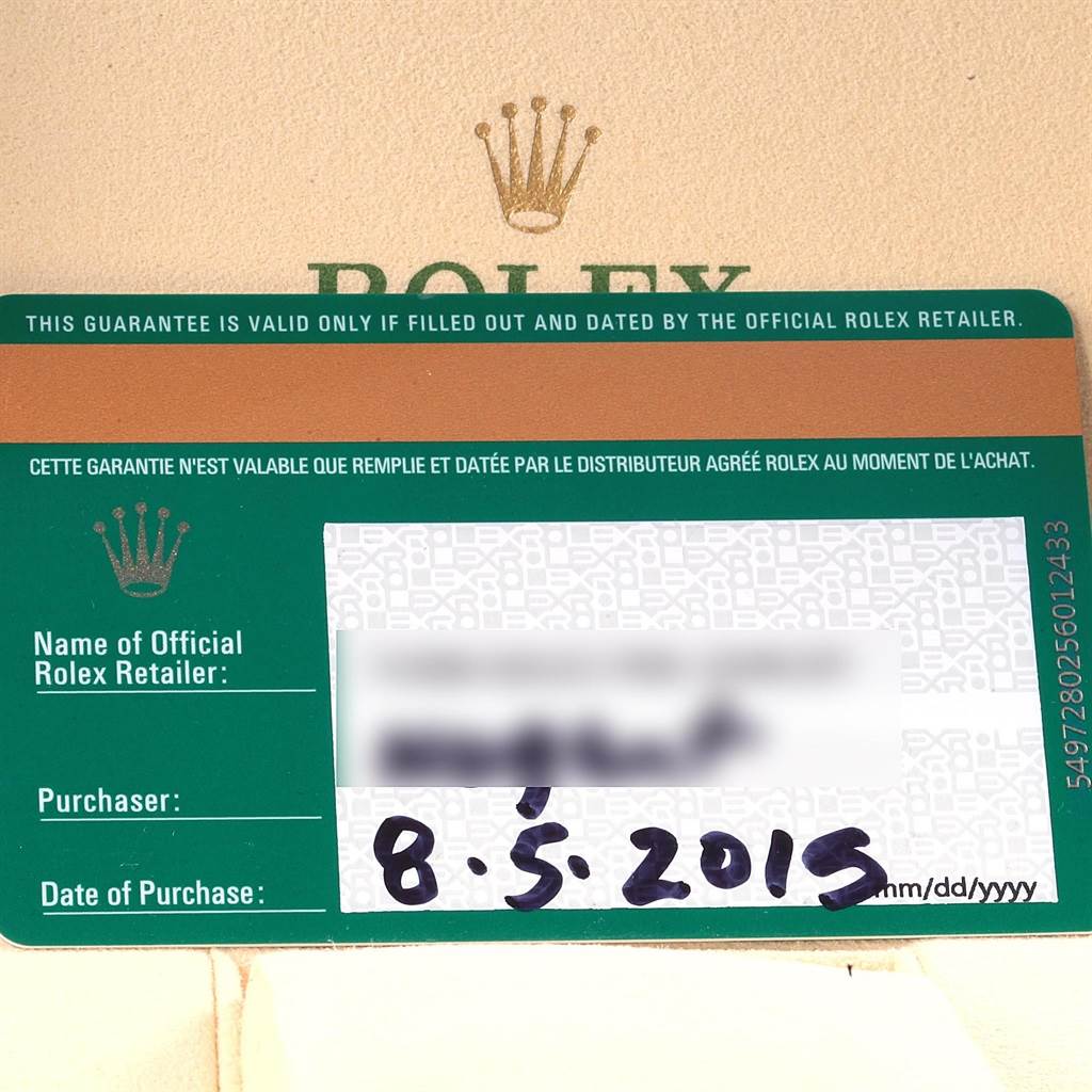 The image shows a guarantee card for a Rolex GMT-Master 116710 Men's Stainless Steel Black Dial 116710 Men's Stainless Steel Black Dial watch, highlighting the date of purchase.