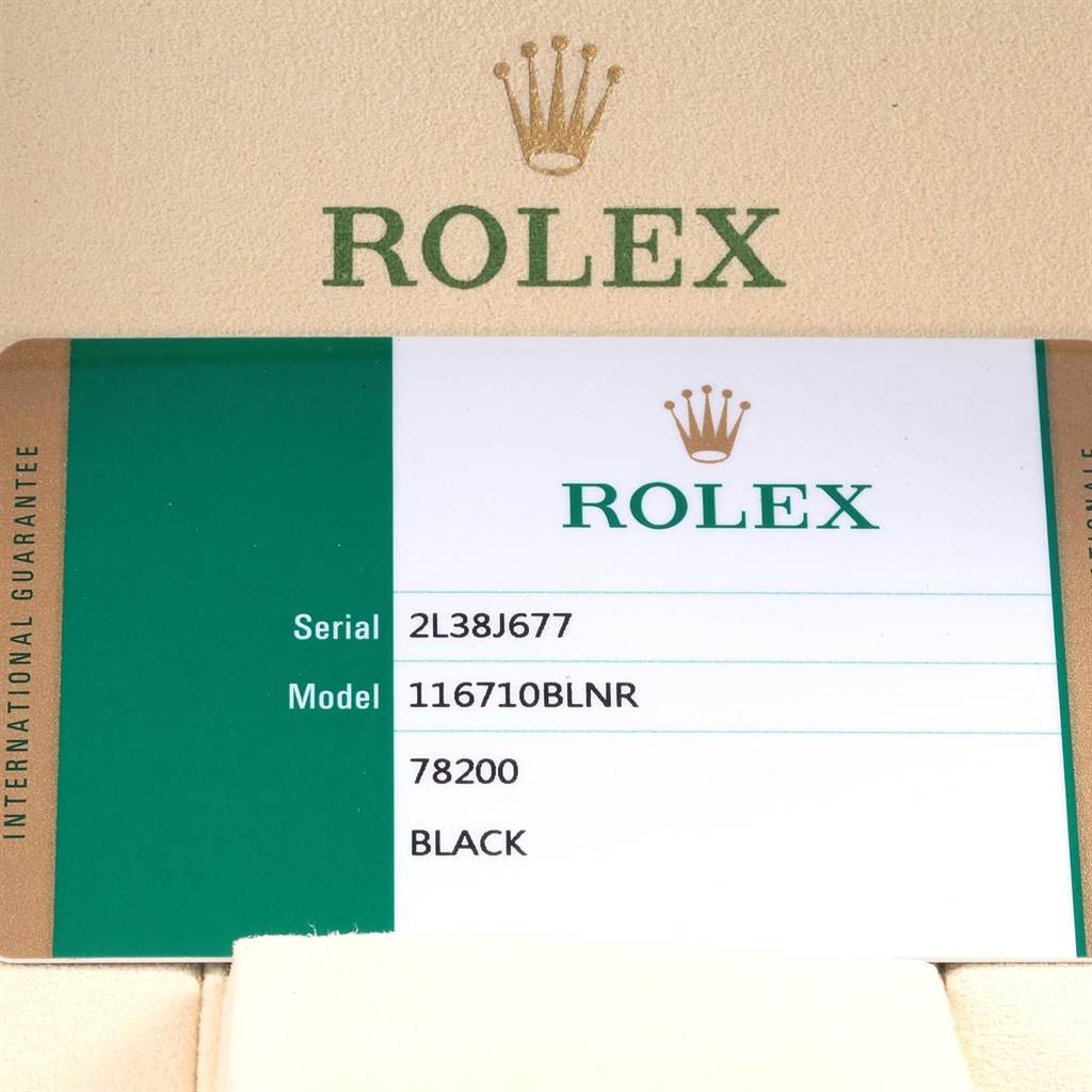 The image shows the warranty card for a Rolex GMT-Master 116710 Men's Stainless Steel Black Dial 116710 Men's Stainless Steel Black Dial model 116710BLNR.