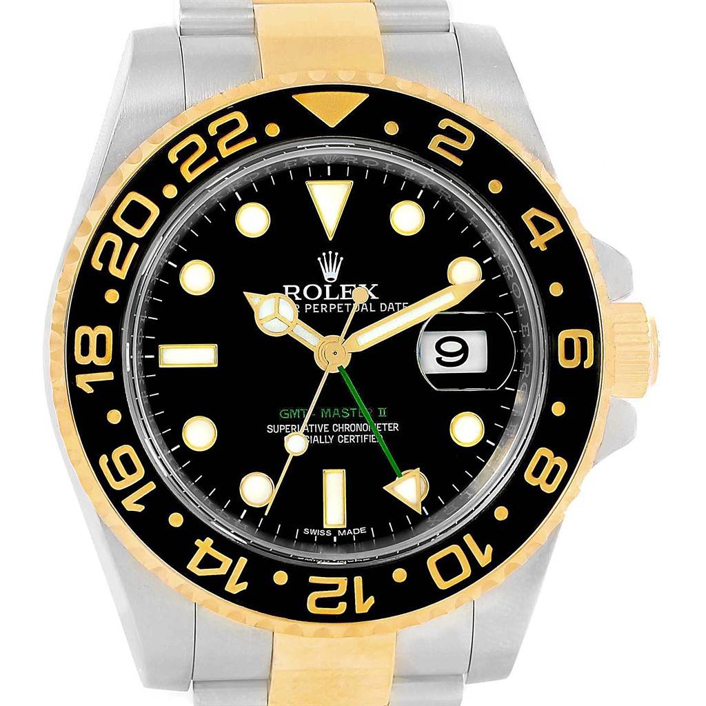 This image shows the front view of a Rolex GMT-Master 116713 Men's Stainless Steel Black Dial 116713 Men's Stainless Steel Black Dial II watch, highlighting its dial, bezel, and part of the bracelet.