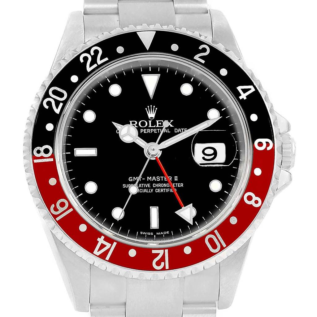 The image shows a front view of a Rolex GMT-Master 16710 Men's Stainless Steel Black Dial 16710 Men's Stainless Steel Black Dial II watch, including the bezel, dial, hands, and partial bracelet.
