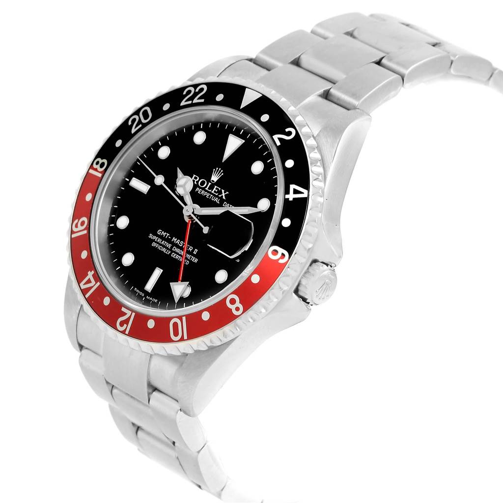 This image shows a Rolex GMT-Master 16710 Men's Stainless Steel Black Dial 16710 Men's Stainless Steel Black Dial II watch at an angled side view, highlighting the dial, bezel, and stainless steel bracelet.