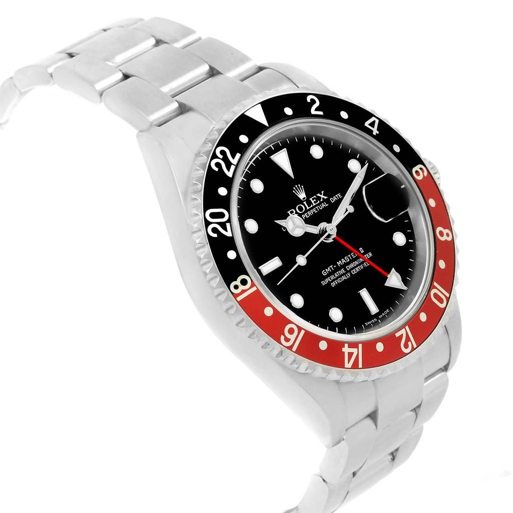 The image shows a slight angled side view of the Rolex GMT-Master 16710 Men's Stainless Steel Black Dial 16710 Men's Stainless Steel Black Dial watch, highlighting the bezel, dial, hands, and bracelet.