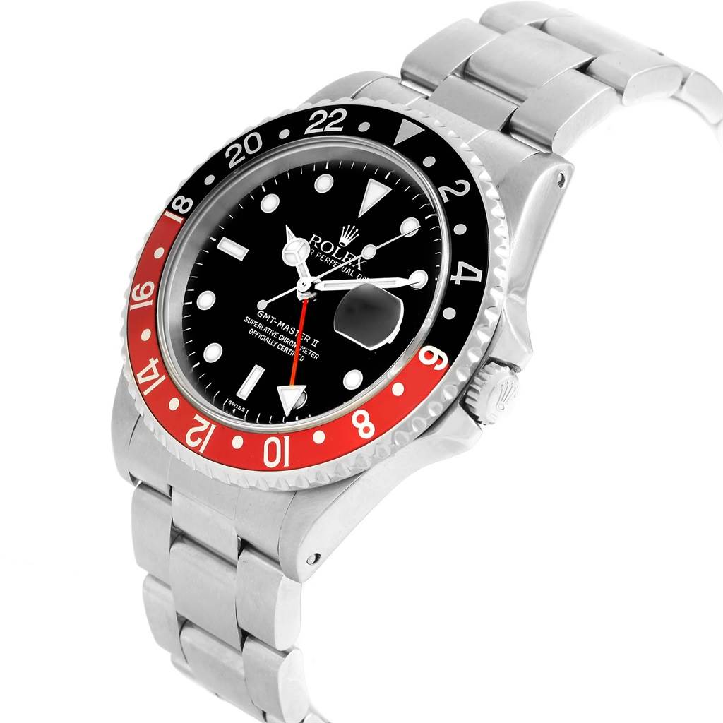 The image shows a Rolex GMT-Master 16710 Men's Stainless Steel Black Dial 16710 Men's Stainless Steel Black Dial watch at an oblique angle, highlighting the face, bezel, case, and bracelet.